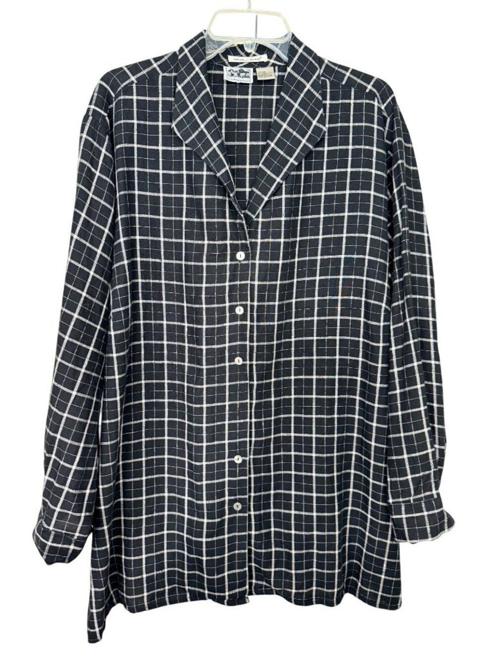 Edward Woman 100% Irish Linen Plaid Button Front Shirt Top 3X Black White Casual